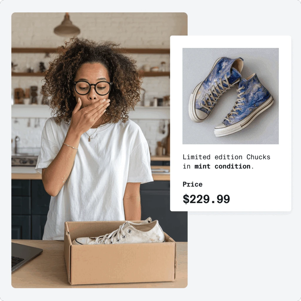 Photo of a woman covering her mouth in surprise and shock while looking at the content of a parcel
