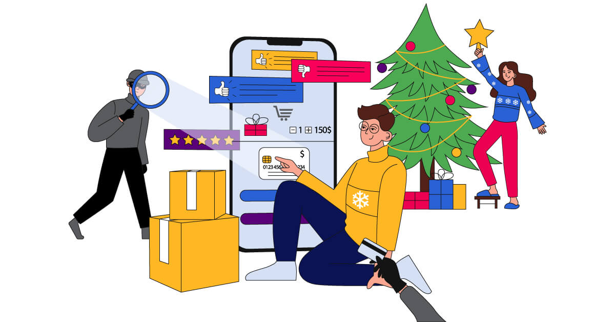 Illustration of people around a christmas tree and gifts, with a burglar coming in through the left.