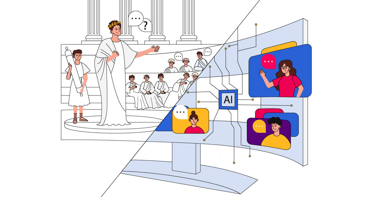 Illustration of ancient Rome and a desktop computer.