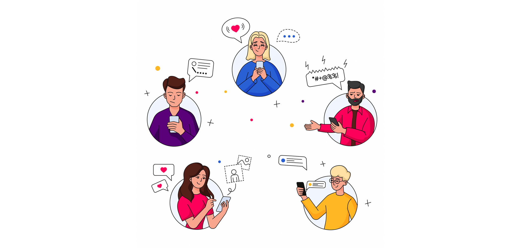Illustration of cartoonish people communicating on their phones.