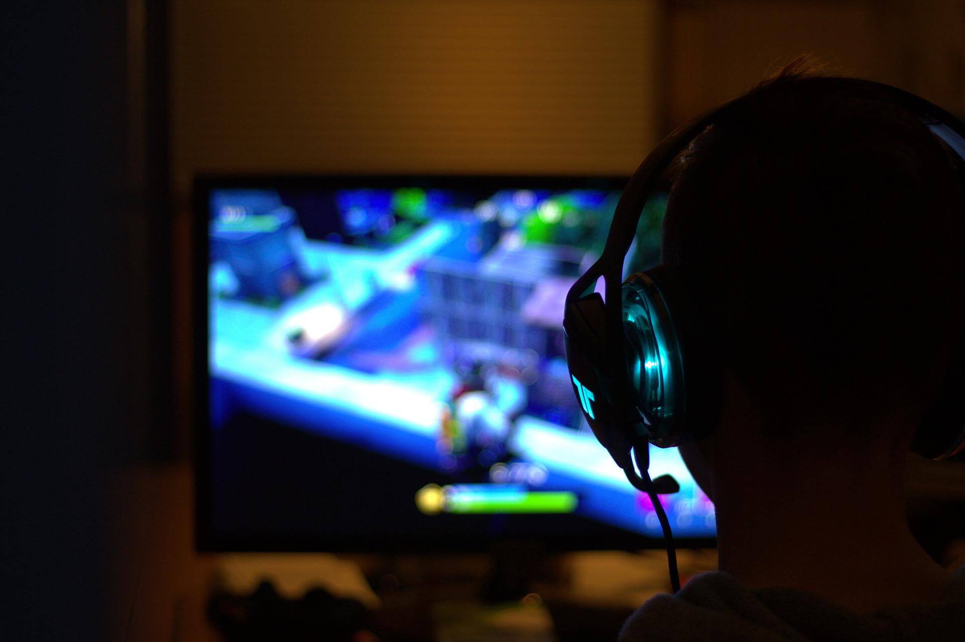 Silhouette seen from behind playing video game
