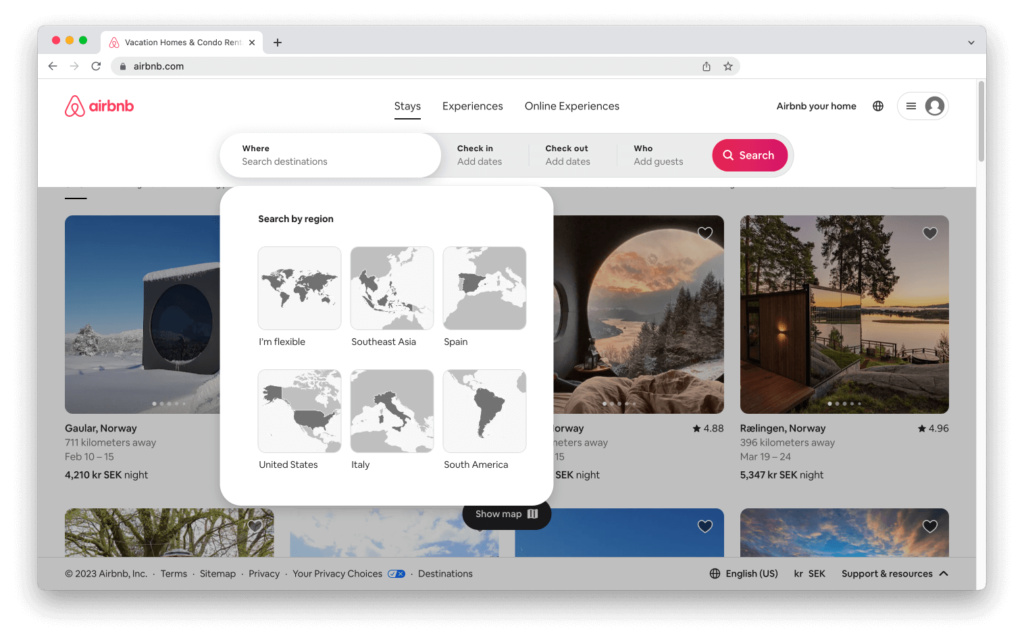 Screenshot of the Airbnb search and explore feature