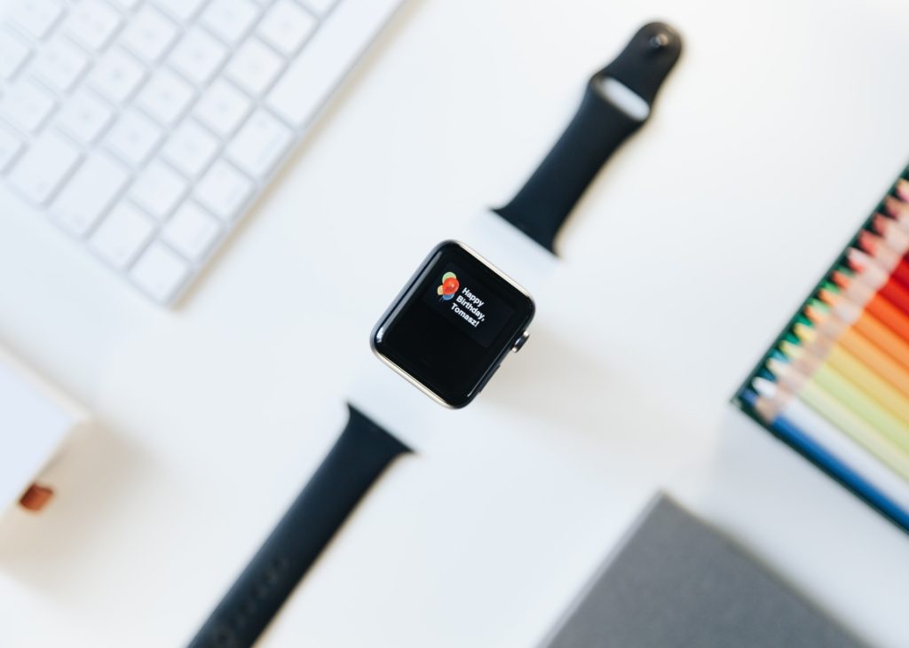 An Apple Watch on a desk.