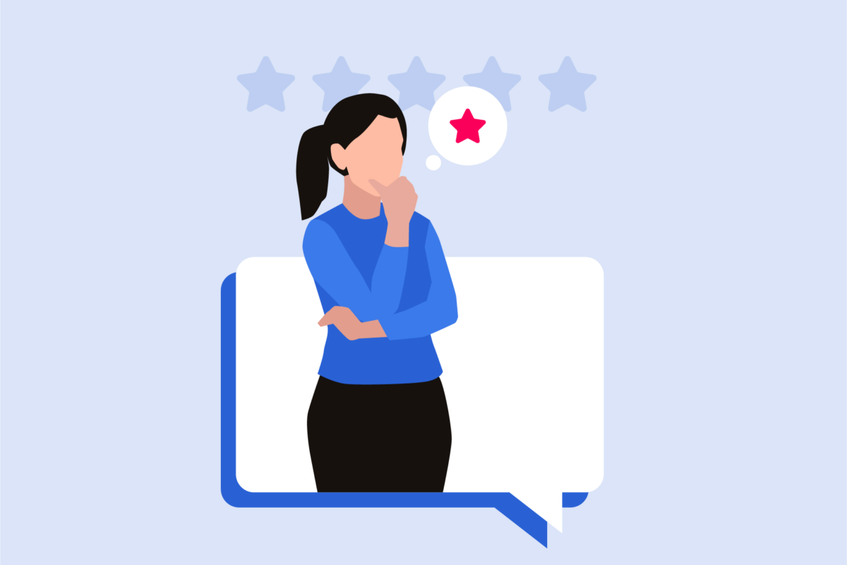 Illustration of a woman contemplating what rating and review to give.