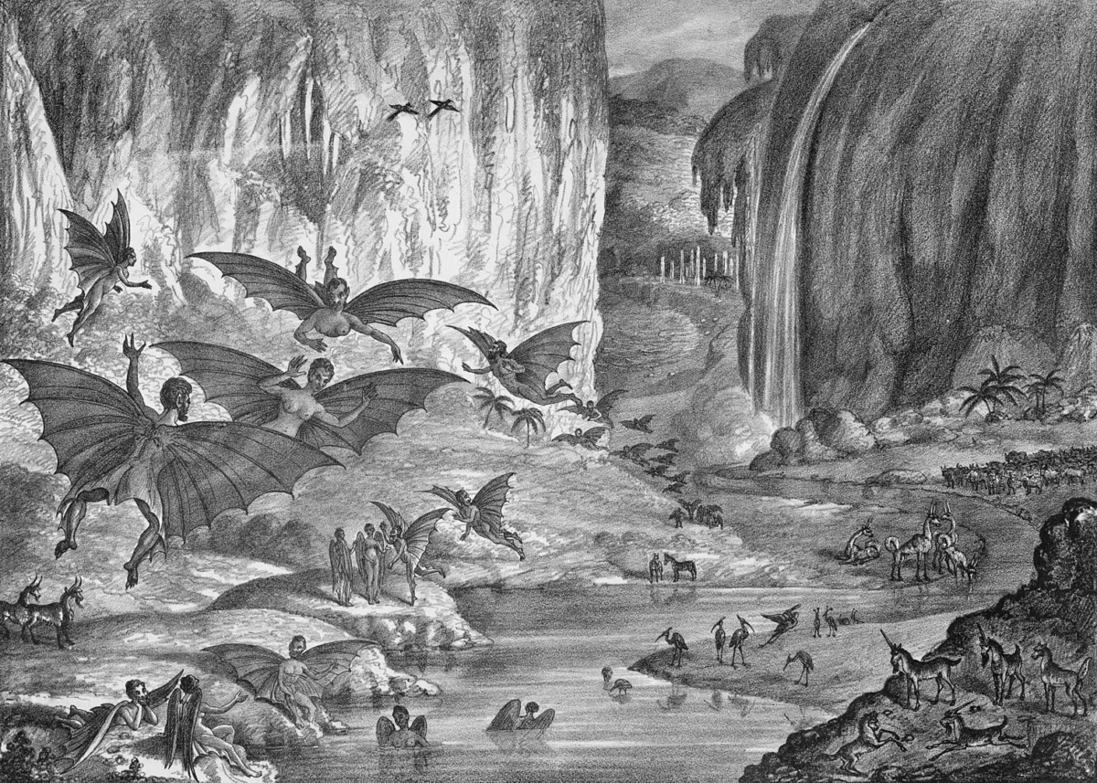 A lithograph of The Great Moon Hoax of 1835 from the original article from The Sun, the New York newspaper.