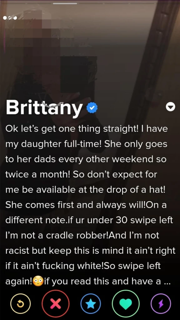 Screenshot from dating app with questionable bio text.