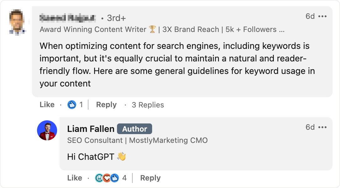 A screenshot taken from LinkedIn with a spam comment.