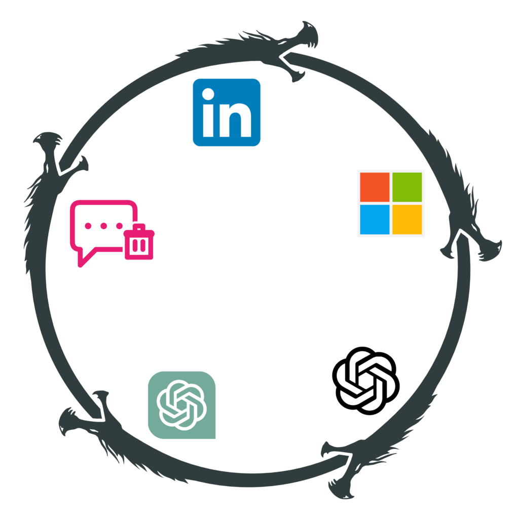 Illustration of ouroboros with LinkedIn, Microsoft, OpenAI, ChatGPT, and spam comment to illustrate the irony.