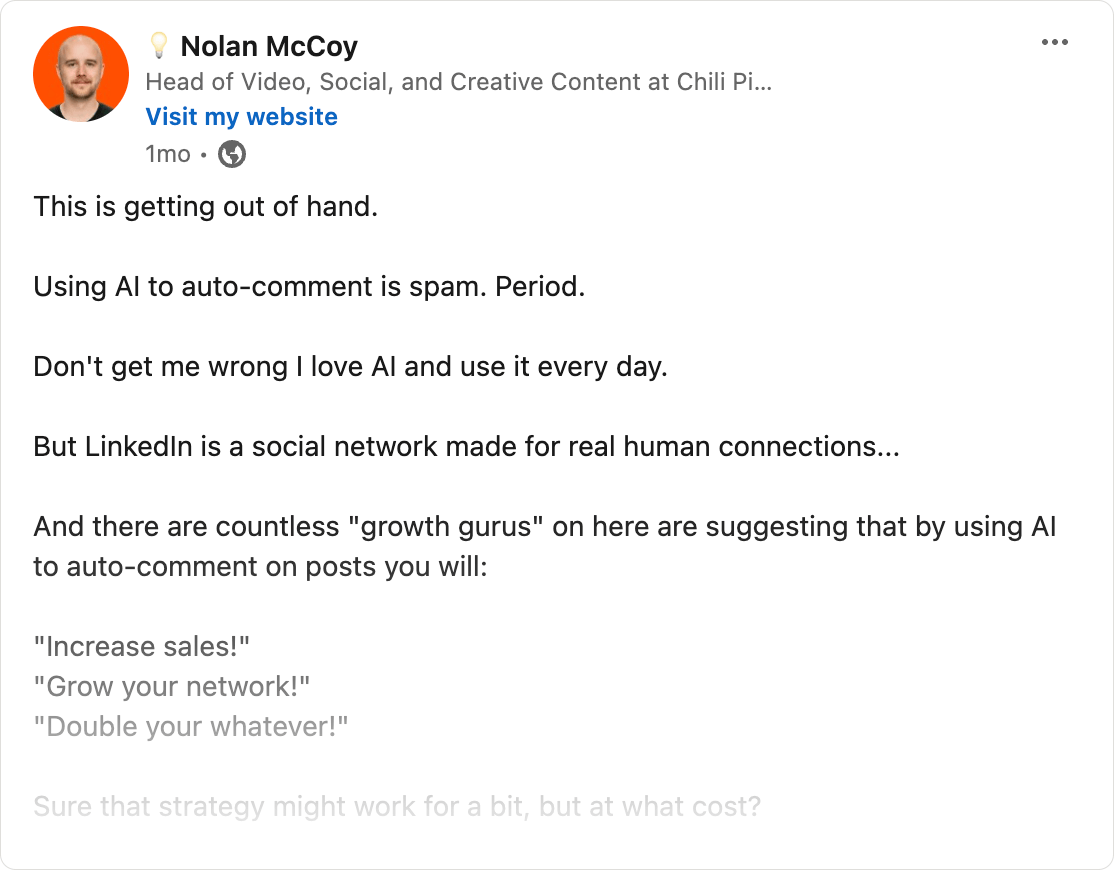 Nolan McCoy post on LinkedIn about spam comments