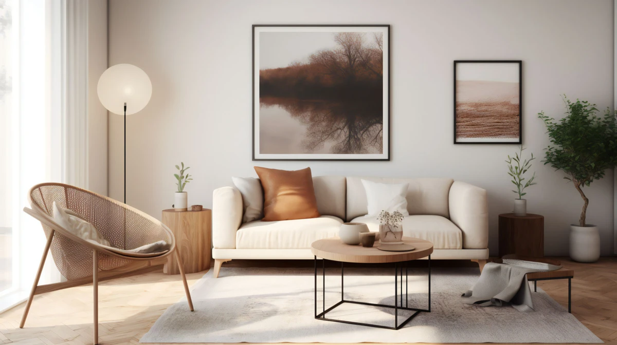 Chic Living Room Interior with Mockup Frame Poster, Modern interior design, 3D render, 3D illustration