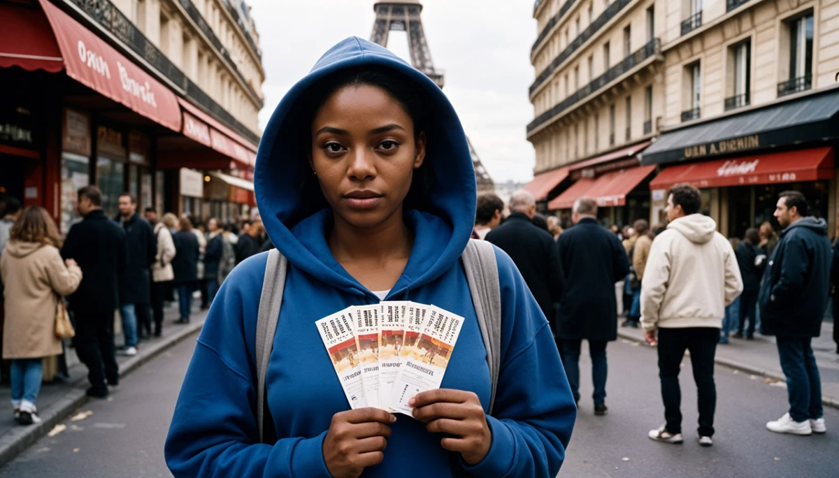 Parisian woman standing outside in the streets holding tickets.