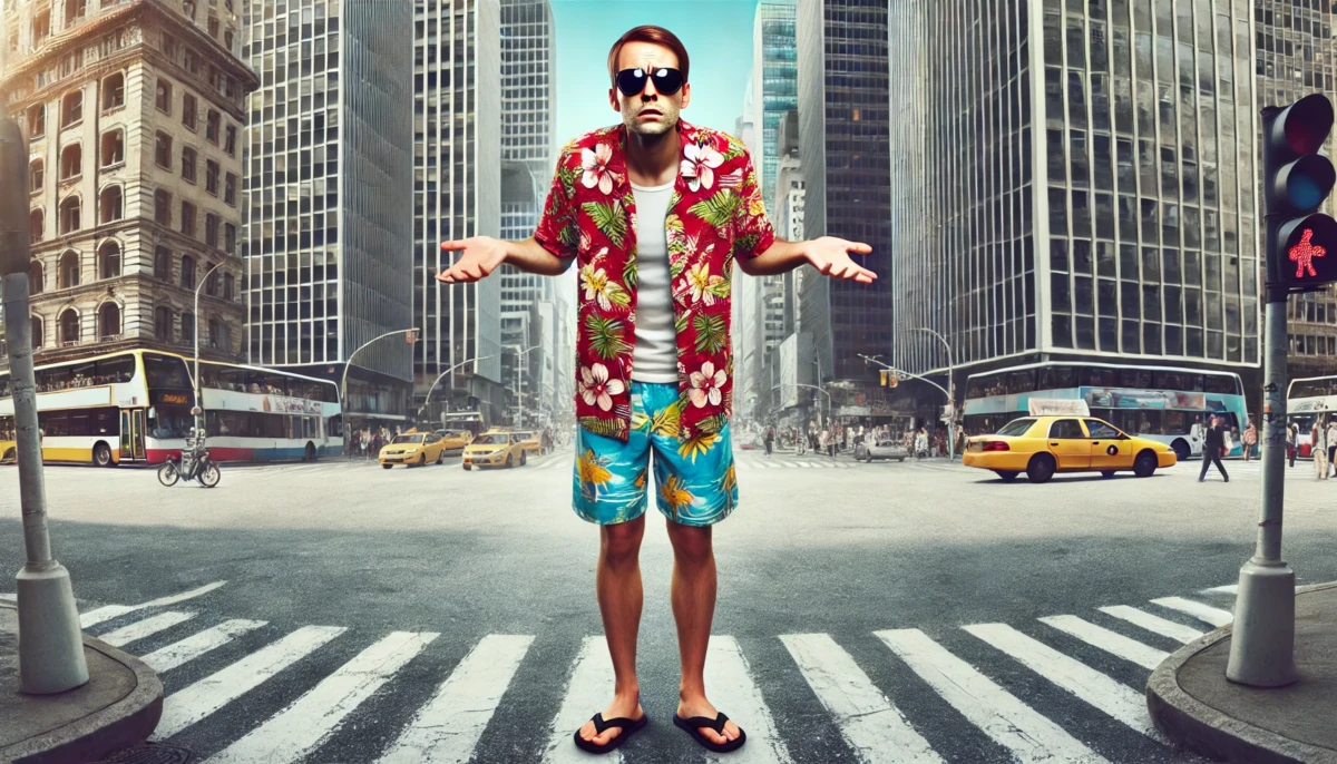 AI-generated image with a confused-looking man dressed and ready for a day on the beach but standing in a concrete city landscape.