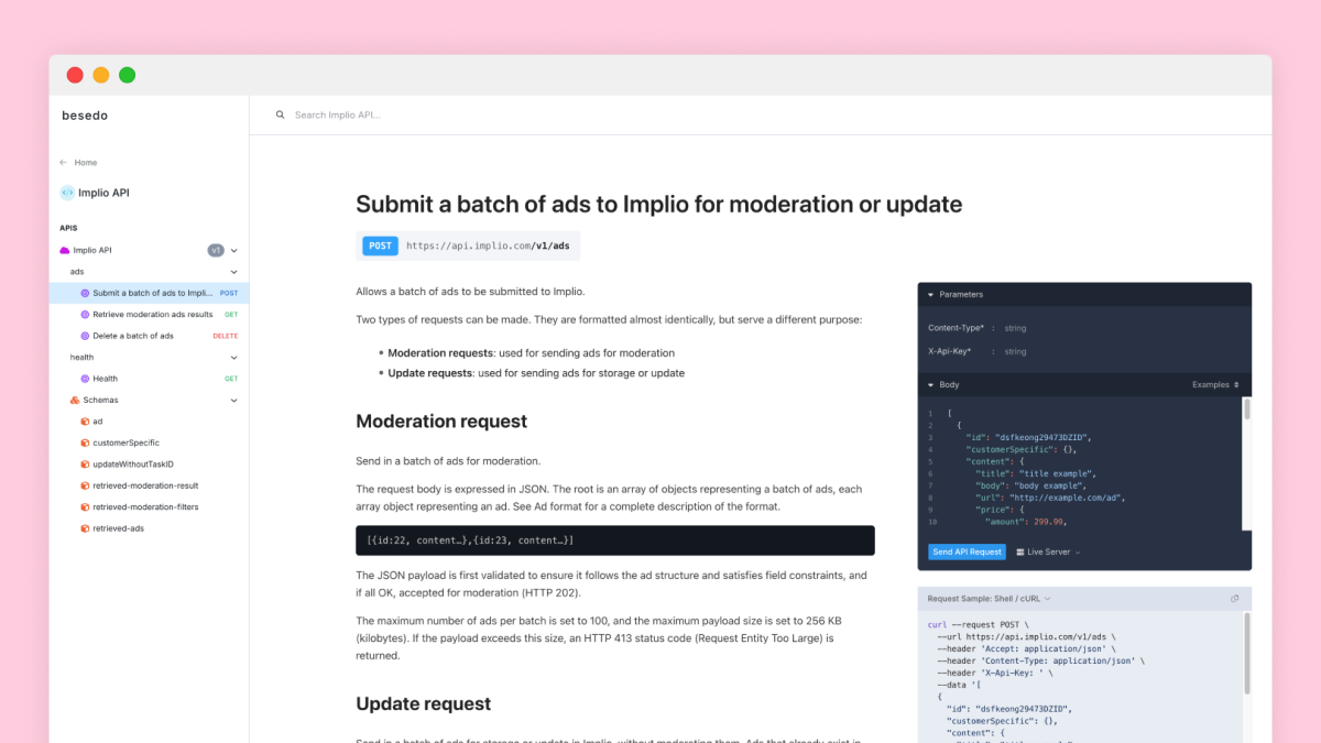 Screenshot of the Besedo API documentation