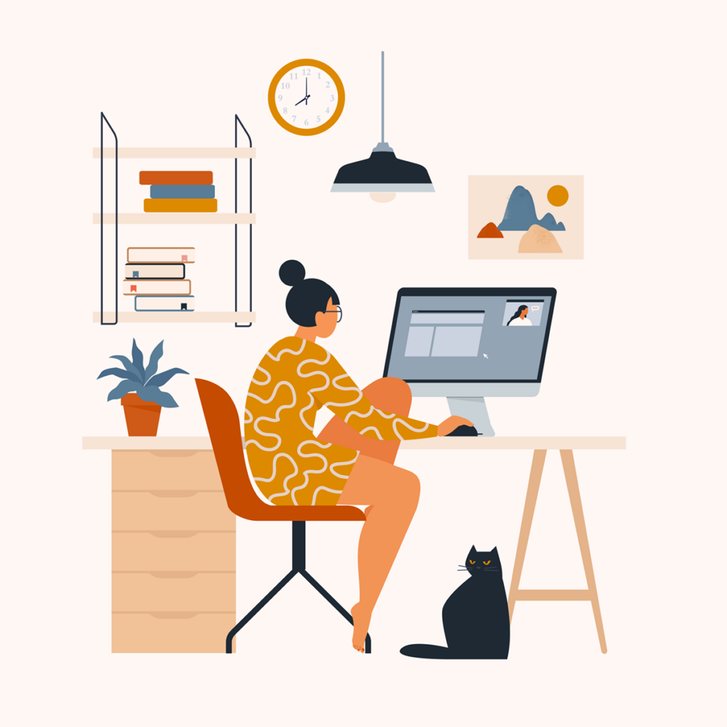 Illustration of woman sitting at her desk working on her computer.