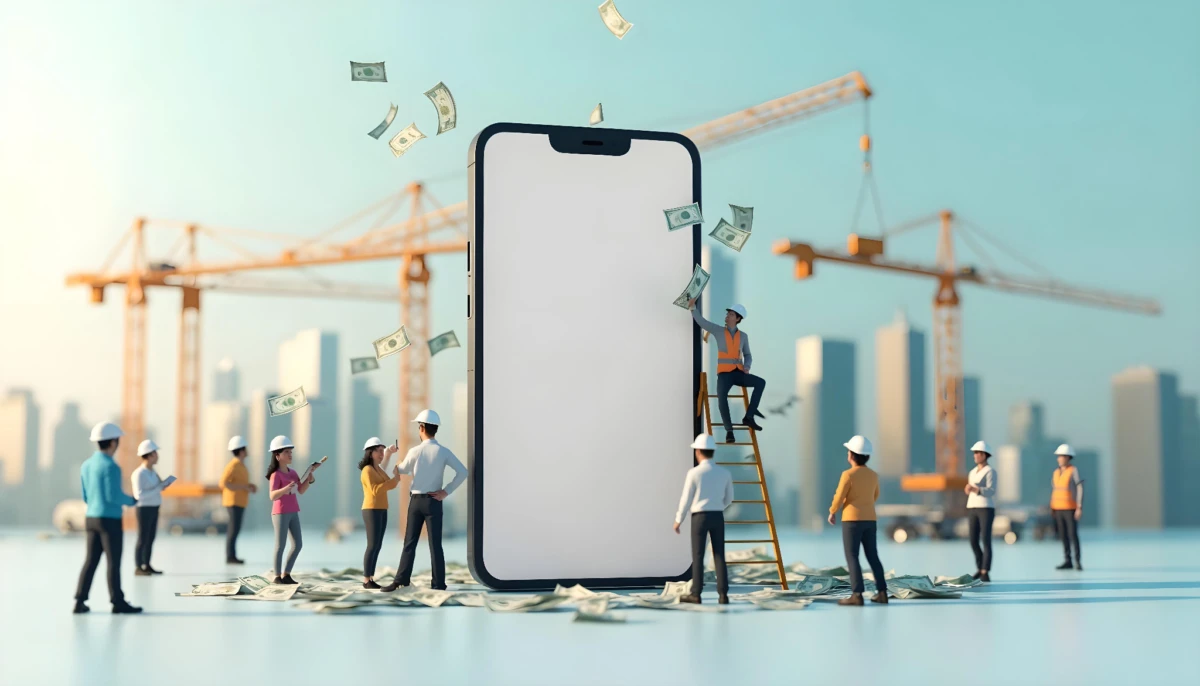 A large standing smartphone with a marketplace app on the screen, surrounded by tiny office people and construction workers with ladders, cranes, and people looking at blueprints. The office workers are throwing money at the smartphone