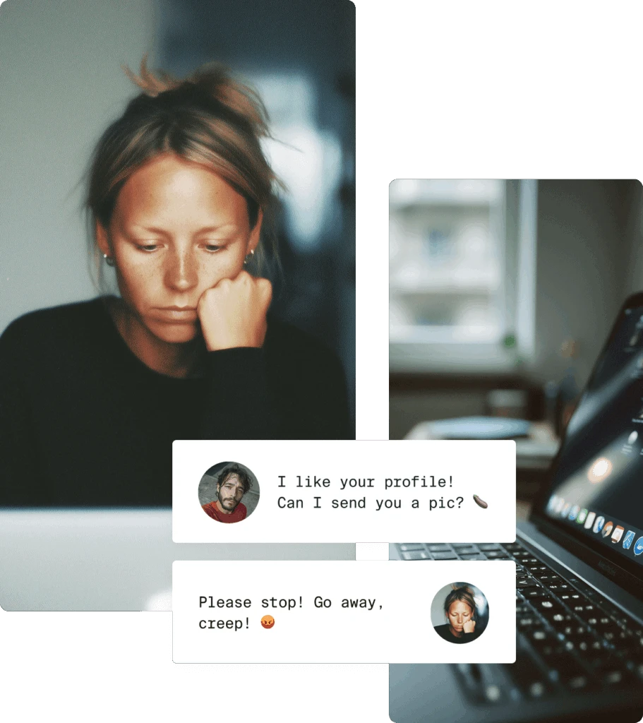 Asymmetric photo montage of a woman looking at a laptop looking distraught.