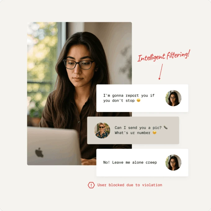 A mockup of a chat where a woman is being harassed.