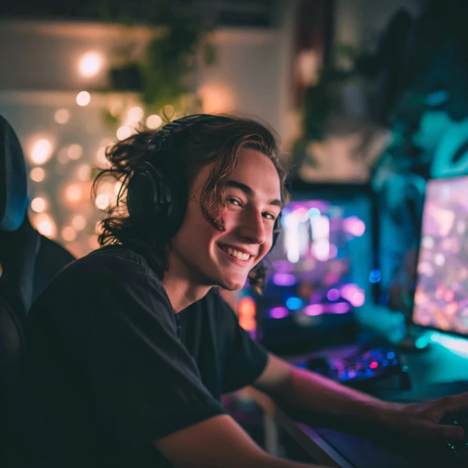 photograph of a teenager deeply engaged with gaming. His facial expression is very happy and that of relief that he completed a mission in his game.