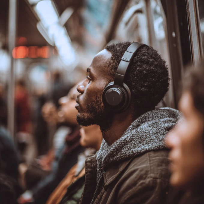 photo of a young black man seen from behind wearing headphones listening to a podcast