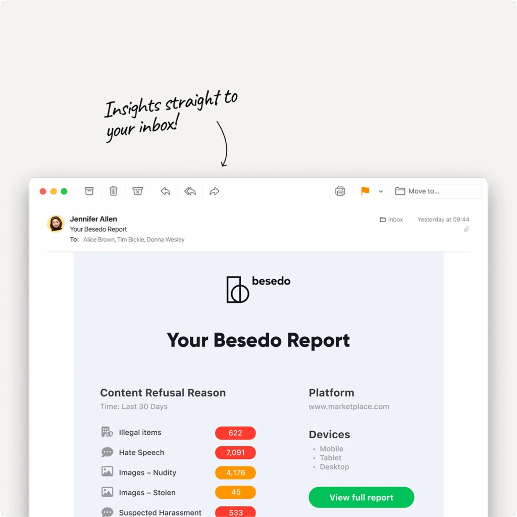 Image of an Apple Mail email with a Besedo report
