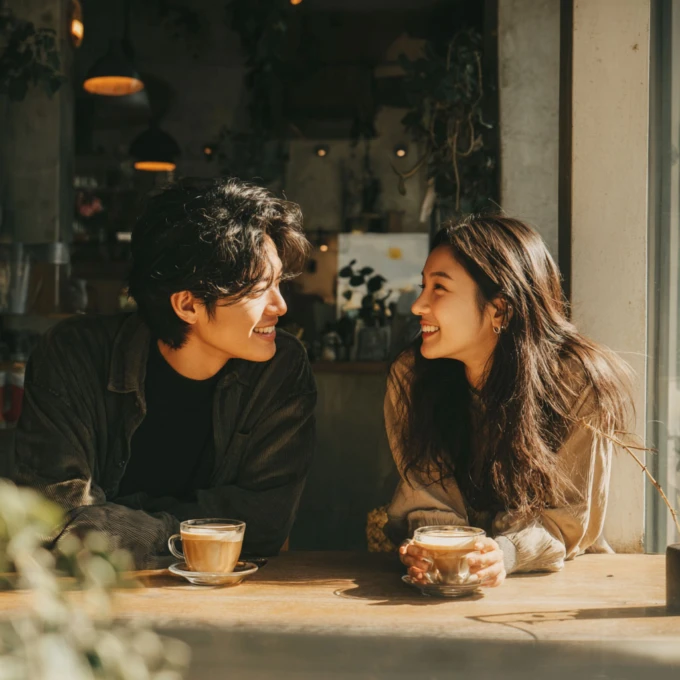 Photograph of a young Asian Gen Z couple in their early 20s, deeply engaged in a happy and animated conversation at a sun-drenched, modern coffee shop.