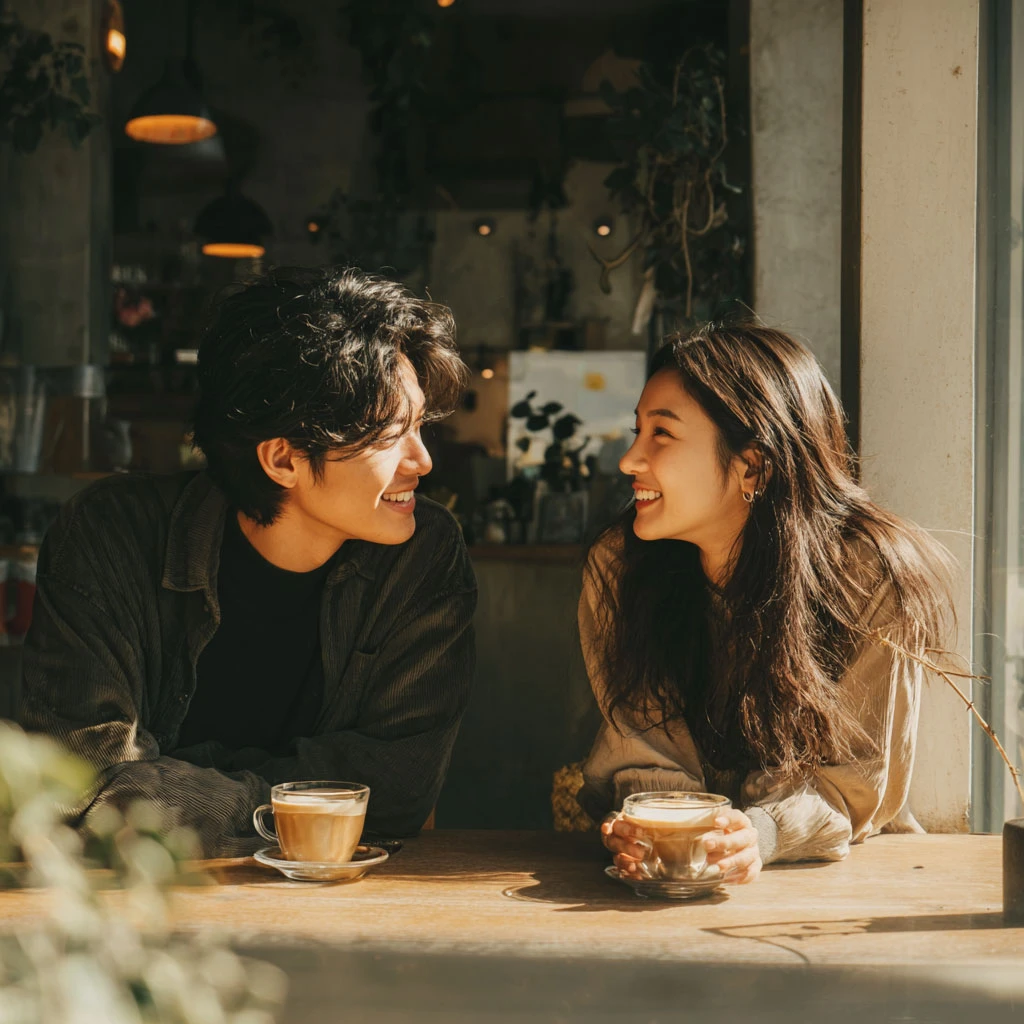 Photograph of a young Asian Gen Z couple in their early 20s, deeply engaged in a happy and animated conversation at a sun-drenched, modern coffee shop.