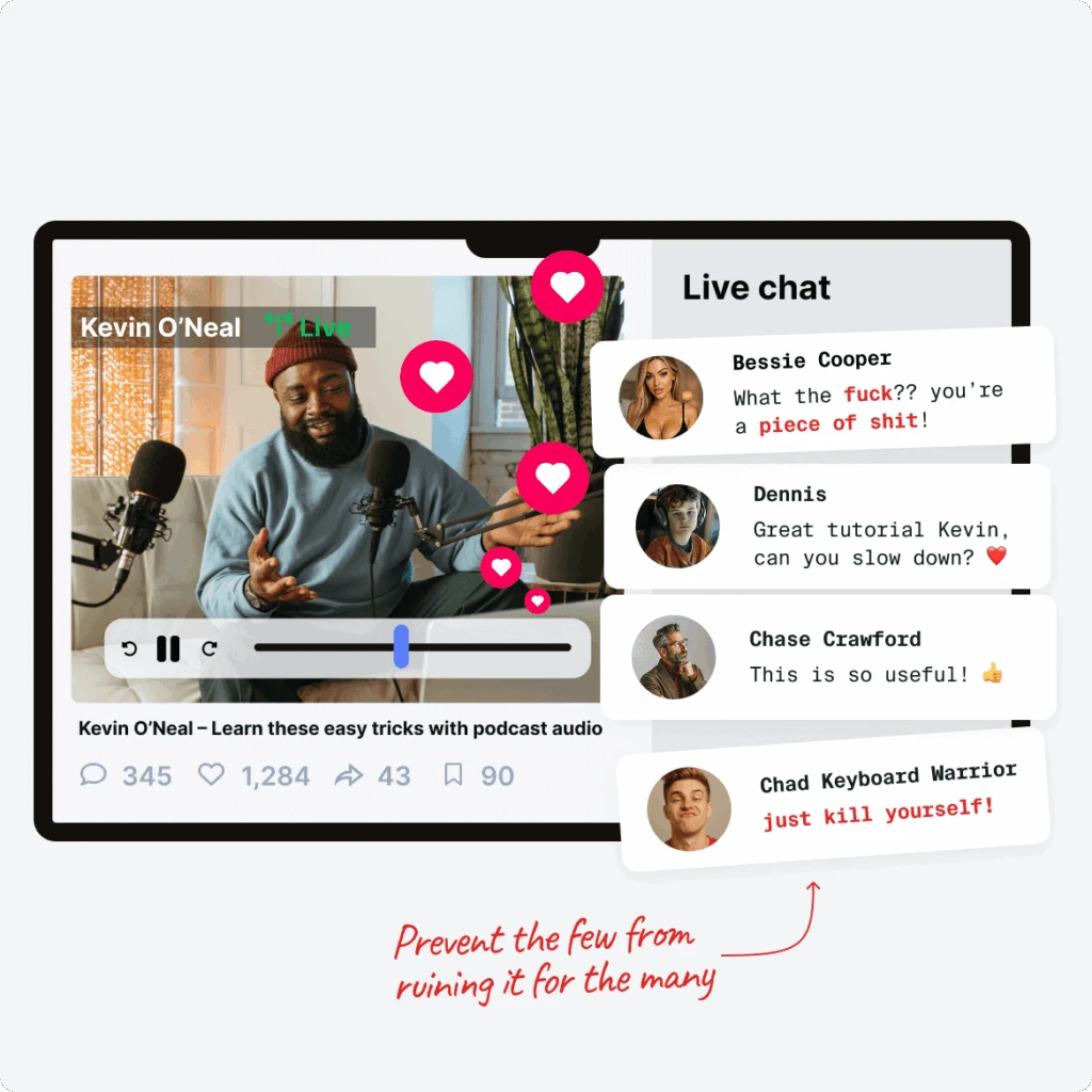 Mockup graphics of a live chat where people are harassing the broadcaster.
