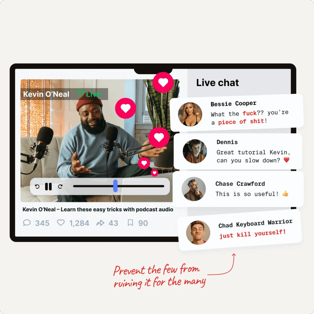 Mockup graphics of a live chat where people are harassing the broadcaster.