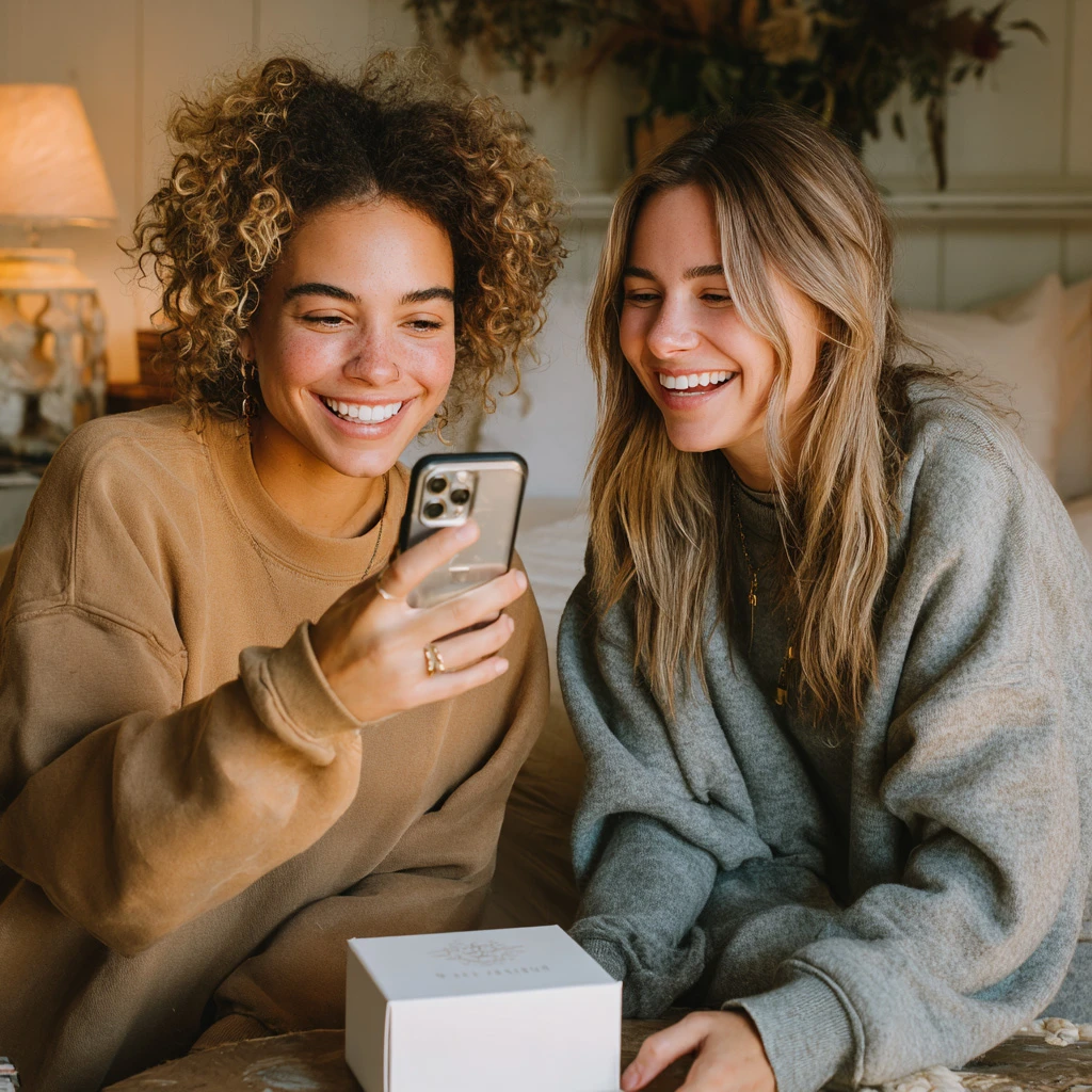 Photo of two women laughing and smiling at their phone with a parcel in front of them.