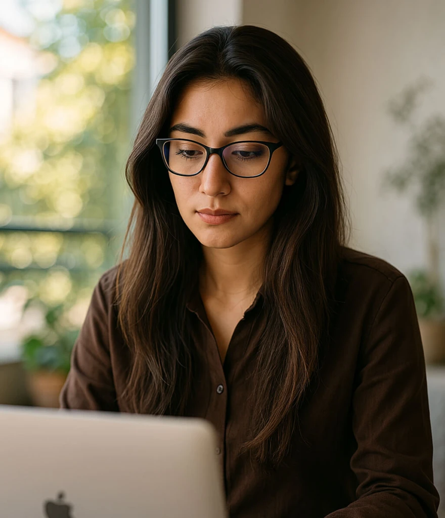 Photo of woman with concerned look on her face, looking down at a laptop.